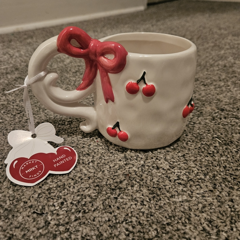Cherry Mug with Red Bow Handpainted Beautiful